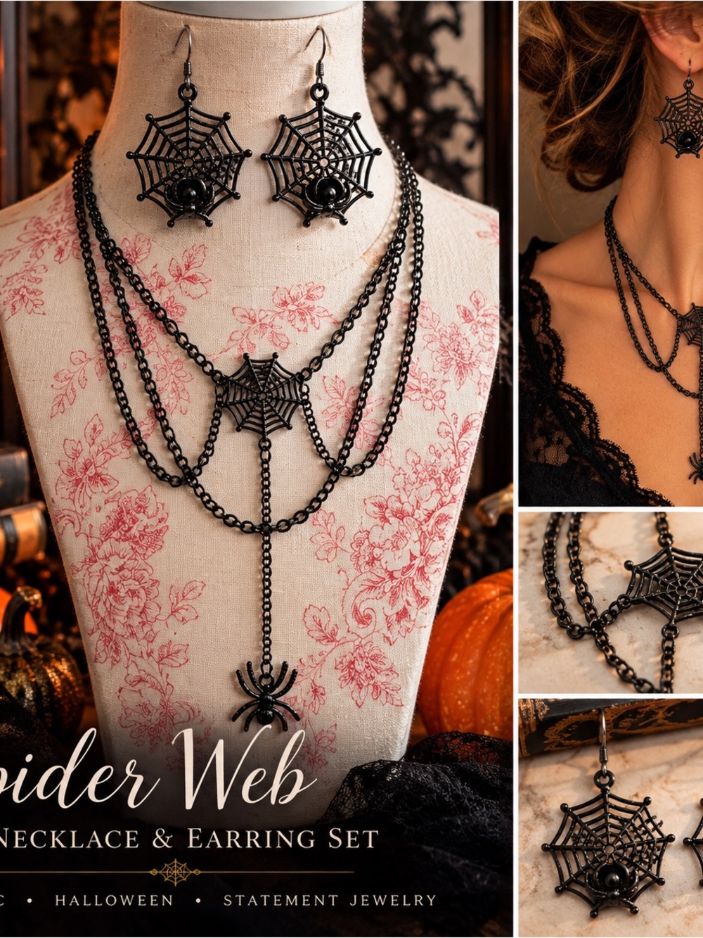 Spider Web Necklace & Earrings Set Black Gothic Halloween Jewelry